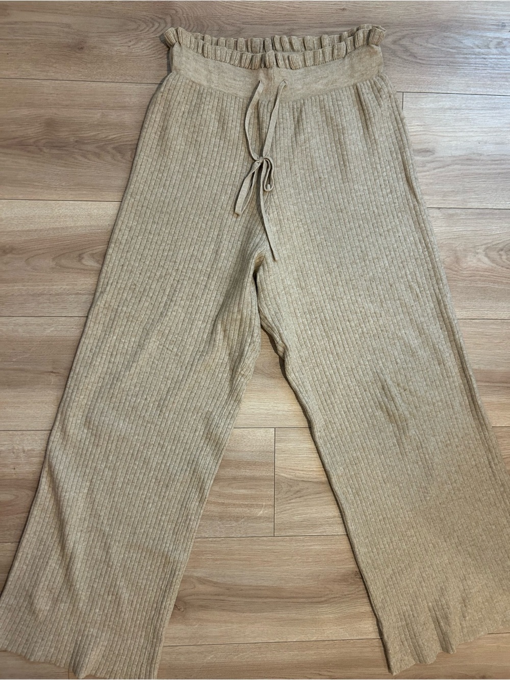 RD Style Ribbed Drawstring Wide-Leg Pants - Tan/Cream - Picture 2 of 4